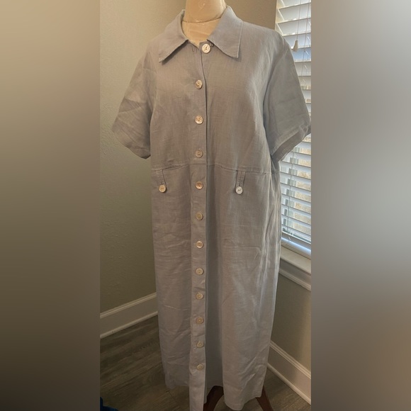 Sweet Jessie Women’s Petite 1X Light Blue Button Down Shirt Dress 100% Linen - Picture 2 of 13
